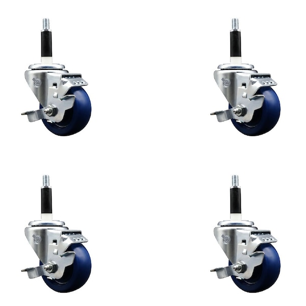 3'' Solid Poly Swivel 7/8'' Expanding Stem Caster Set with Brake, 4PK